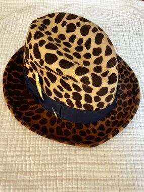 LOLA HATS Felt Cheetah Leopard Feather Pin Fedora Hat Navy